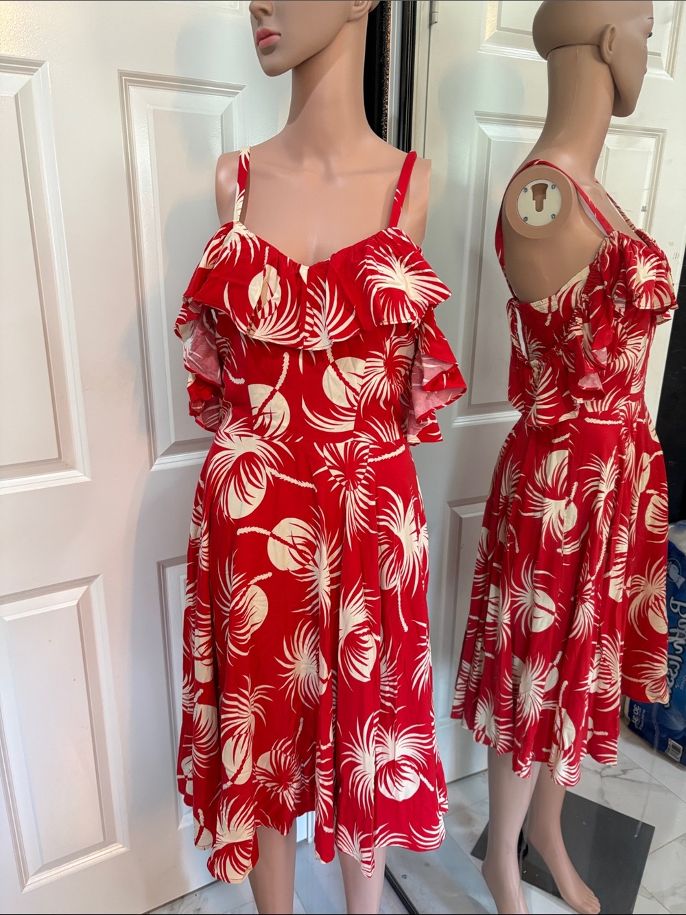 Trashy Diva Red and White Tropical Ruffle Midi Dress Rockabilly Pinup - Picture 6 of 7